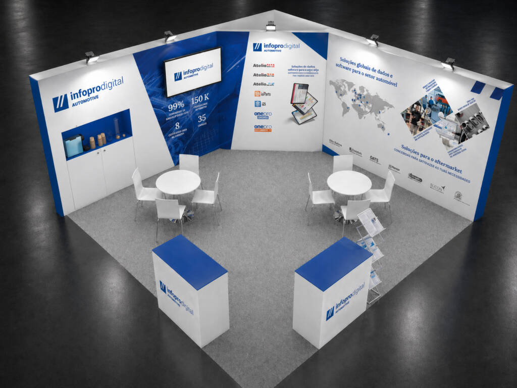 Render do stand da Infopro Digital Automotive na Expomecânica 2026, com soluções digitais para oficinas, distribuidores e redes da pós-venda automóvel.